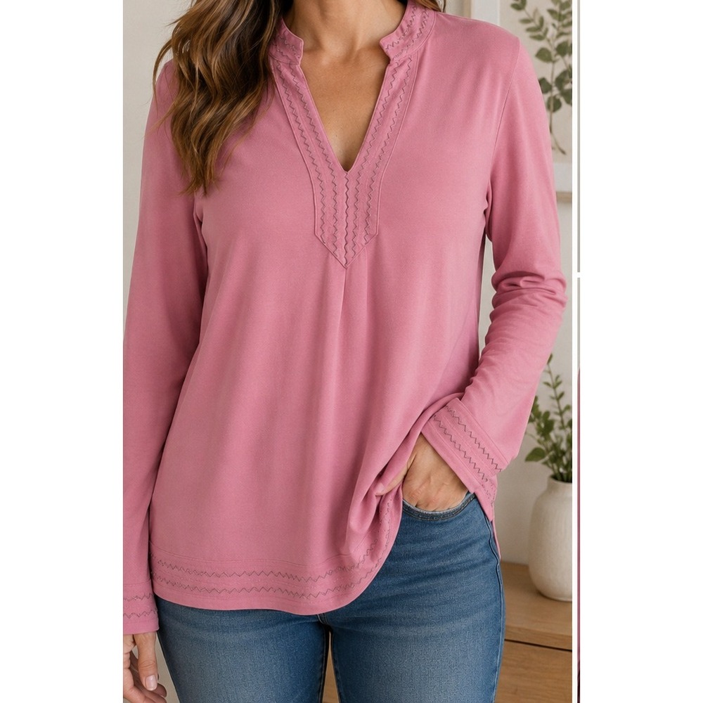 Lands' End Pink Long Sleeve Tunic Blouse Women M Soft Knit Split Neck Casual Top